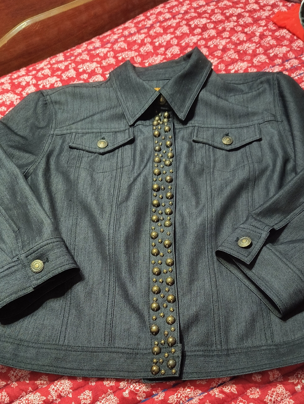 Ruby Rd. Dark Jean Jacket with Antique Brass Stud Trim